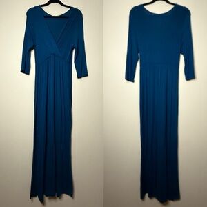COCO USA Stretchy 3/4 Sleeve Surplice Top Modest Bump Friendly Blue Maxi Dress